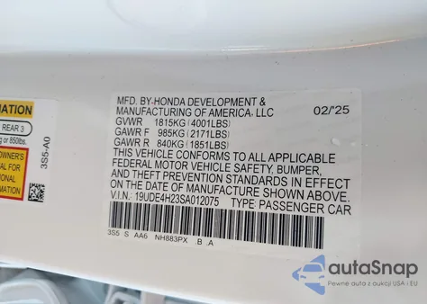 2025 Acura Integra from USA, damaged, VIN 19UDE4H23SA012075